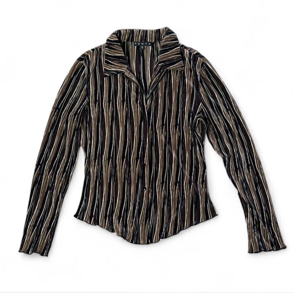 Penta Y2K Grunge Crinkle Striped Black Brown Collared Button-Up Blouse Sz. 8